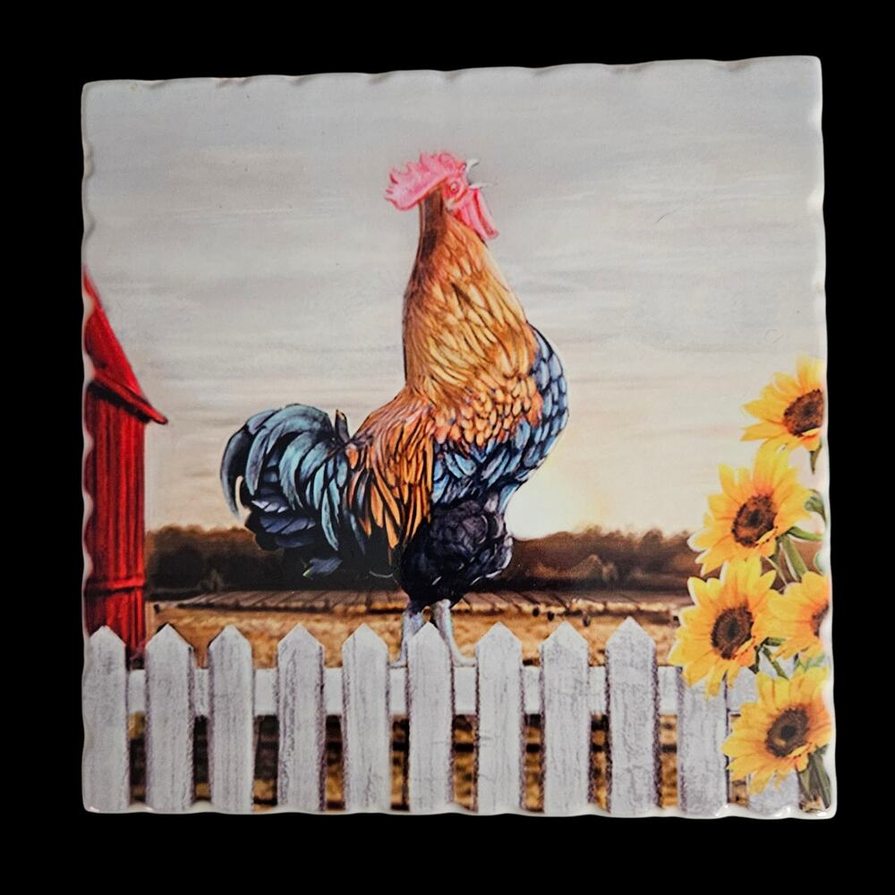 Red Shed Rooster Trivet Sunflowers Farmhouse Country Kitchen Cork Back